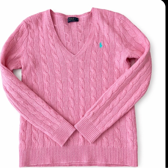 Polo Ralph Lauren Sweaters - Polo Ralph Lauren Pink Cable Knit Wool Cashmere V-Neck Sweater Size M